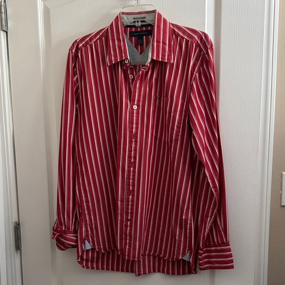 Tommy Hilfiger Red and White Striped Men's Shirt
